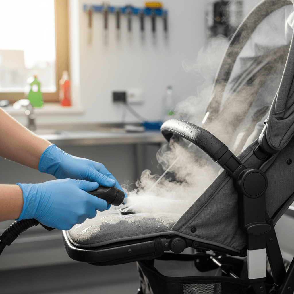 Technician cleaning a stroller and suitcase in a workshop with cleaning tools visible.