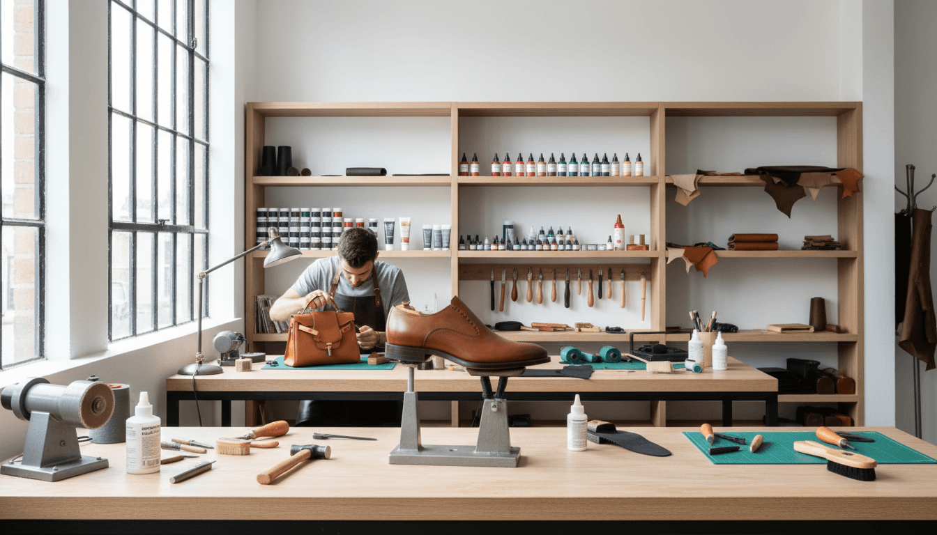 Professional laundry worker carefully cleaning and restoring shoes in modern service shop with bright natural lighting