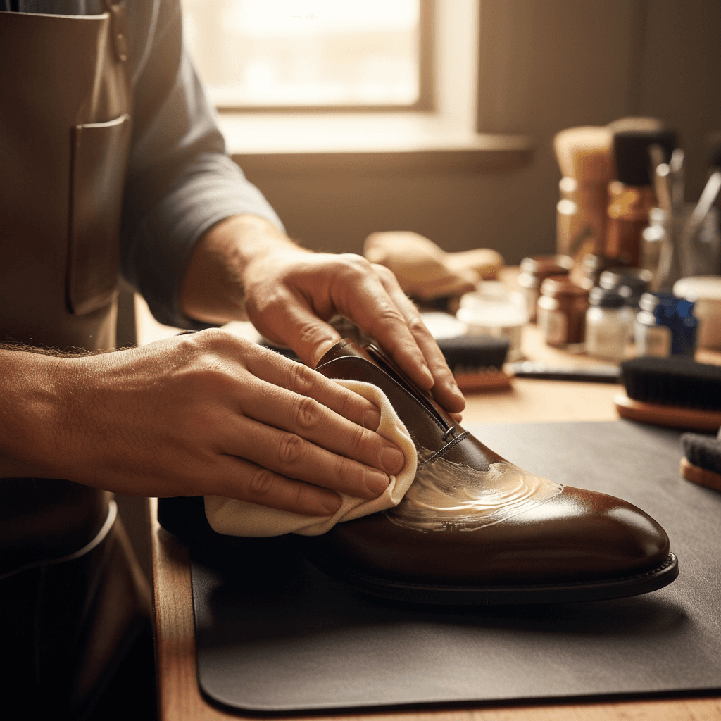 Specialist's hands conditioning premium leather shoe with restoration cream on wooden workbench with tools nearby