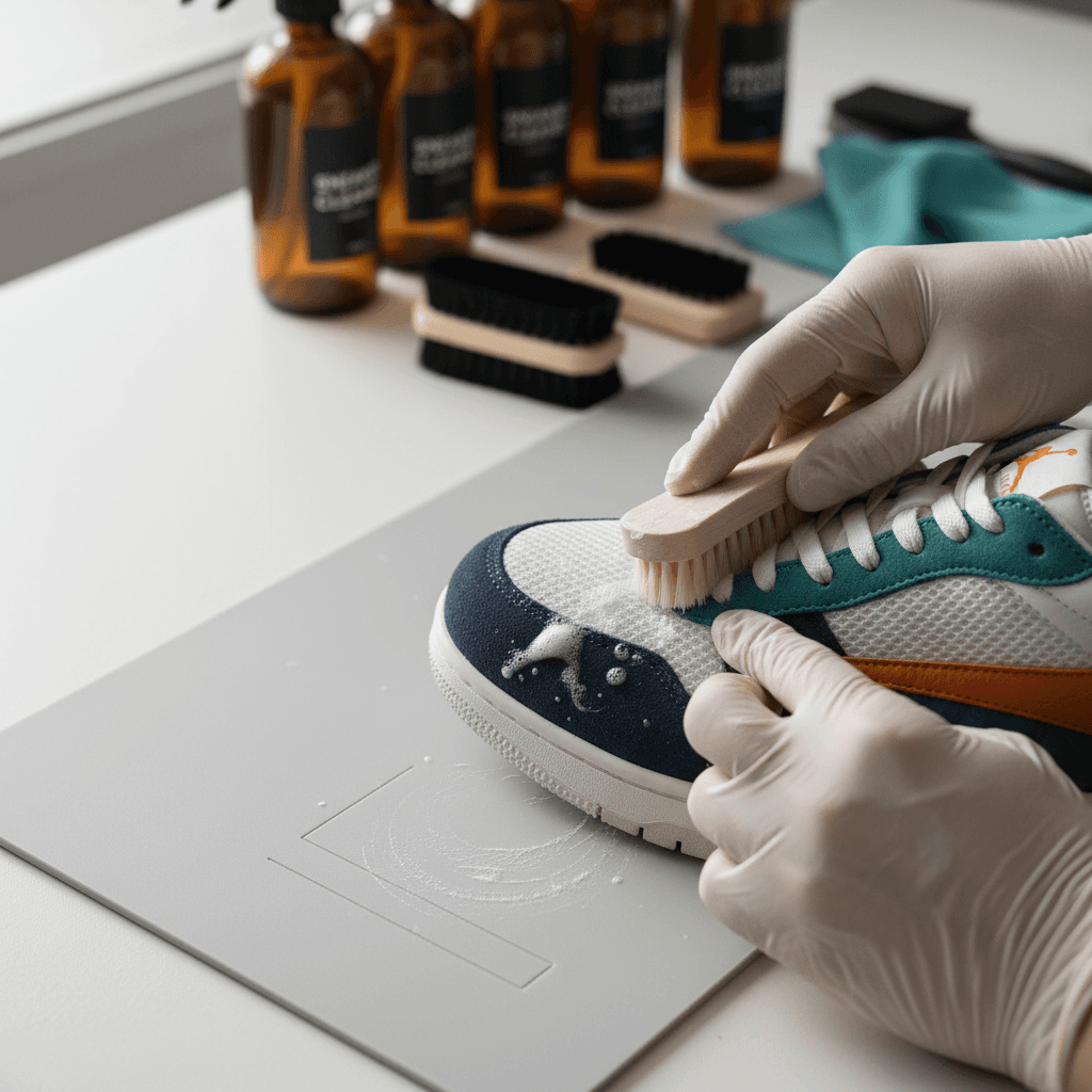 Shoe cleaning and care service showing professional shoe washing