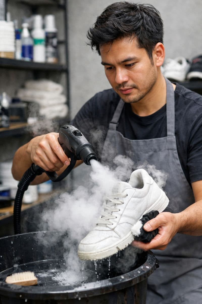 Man in a grey apron uses a steam gun to deep clean a white sneaker.
